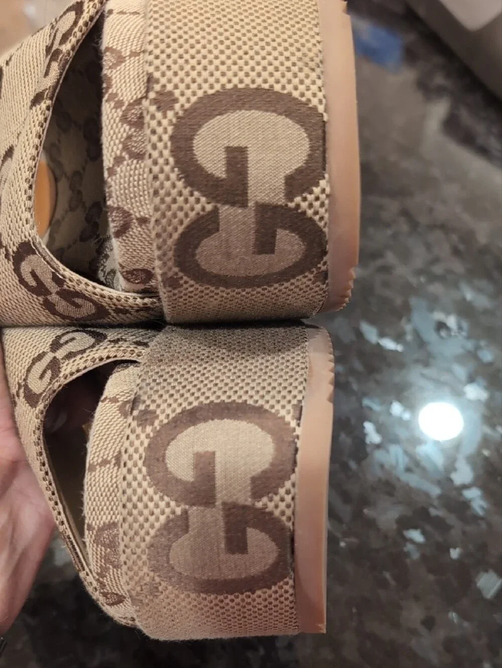 Gucci Beige Brown GG Logo Platform Wedge Slides